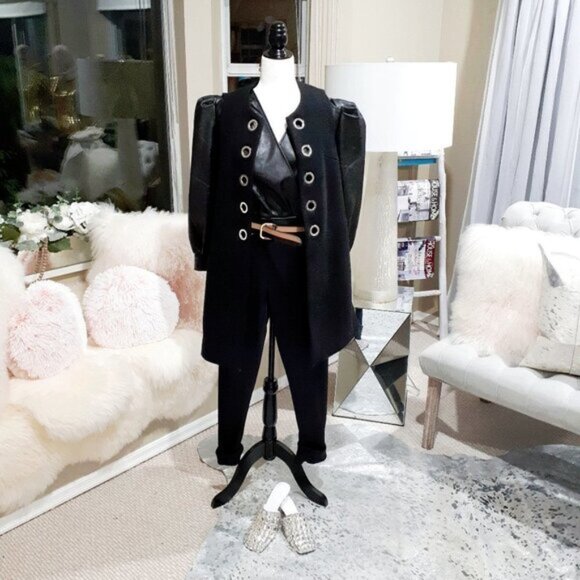 EUC Paraphrase black wool blend sleeveless long line vest w/ chrome rings - Picture 6 of 9